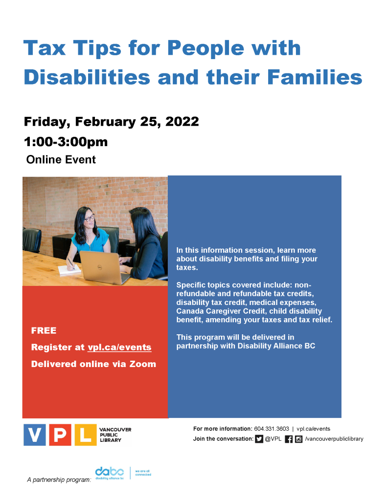 Tax tips event poster featuring the text in the post and at the registration link, and an image of two people sitting at a desk in front of a computer. One person is writing on a pad of paper.
